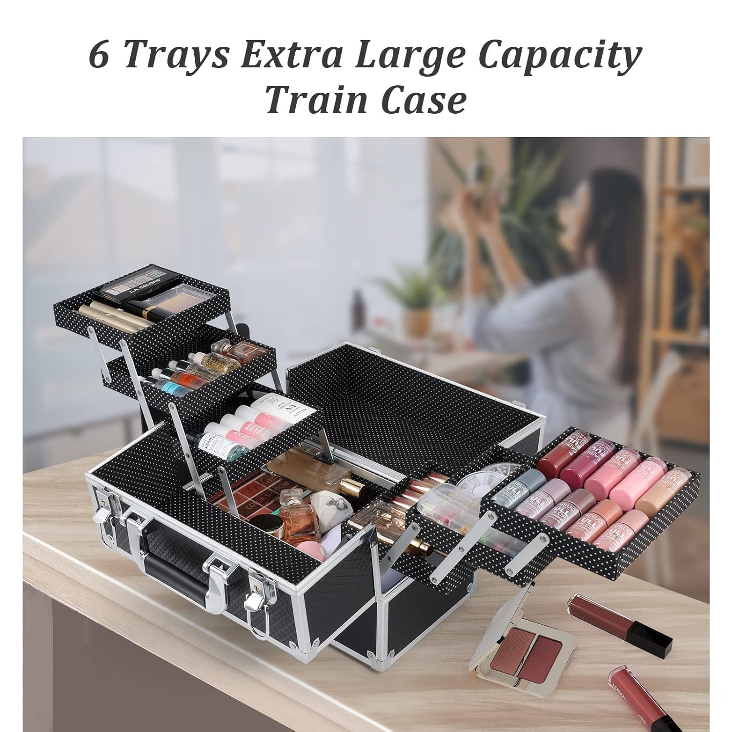 Makeup Train Case 12 Inch - 6 Tier Trays Professional Organizer with Lockable Keys Travel Case - Black - Cosmetics Store