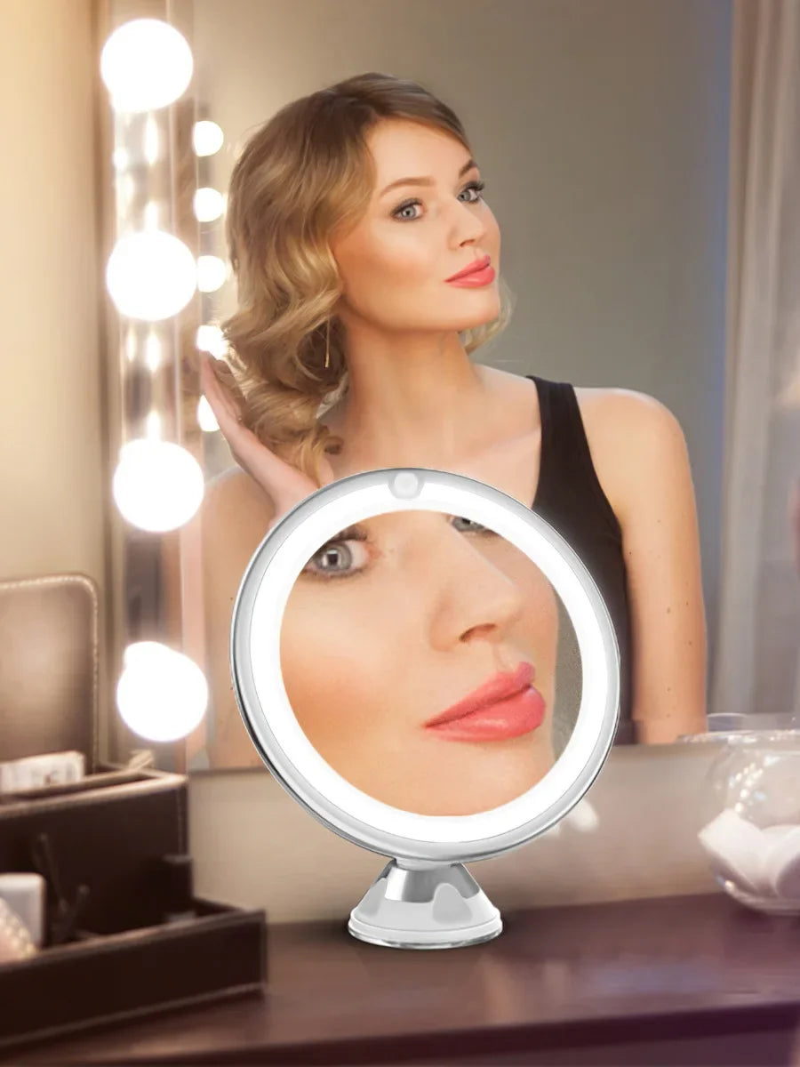 Flexible 10X Magnifying Vanity Mirror with LED Lighted Bathroom Makeup Mirror Lighting Dressing Makeup Lamp Bottom Sucker