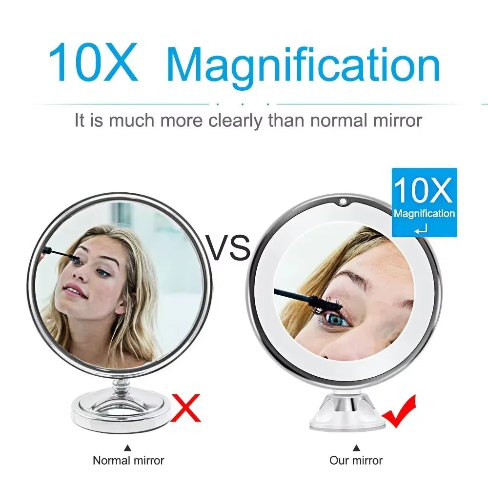 Flexible 10X Magnifying Vanity Mirror with LED Lighted Bathroom Makeup Mirror Lighting Dressing Makeup Lamp Bottom Sucker