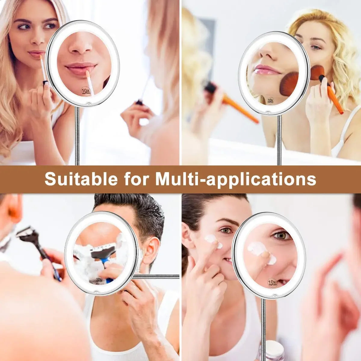 Flexible 10X Magnifying Vanity Mirror with LED Lighted Bathroom Makeup Mirror Lighting Dressing Makeup Lamp Bottom Sucker