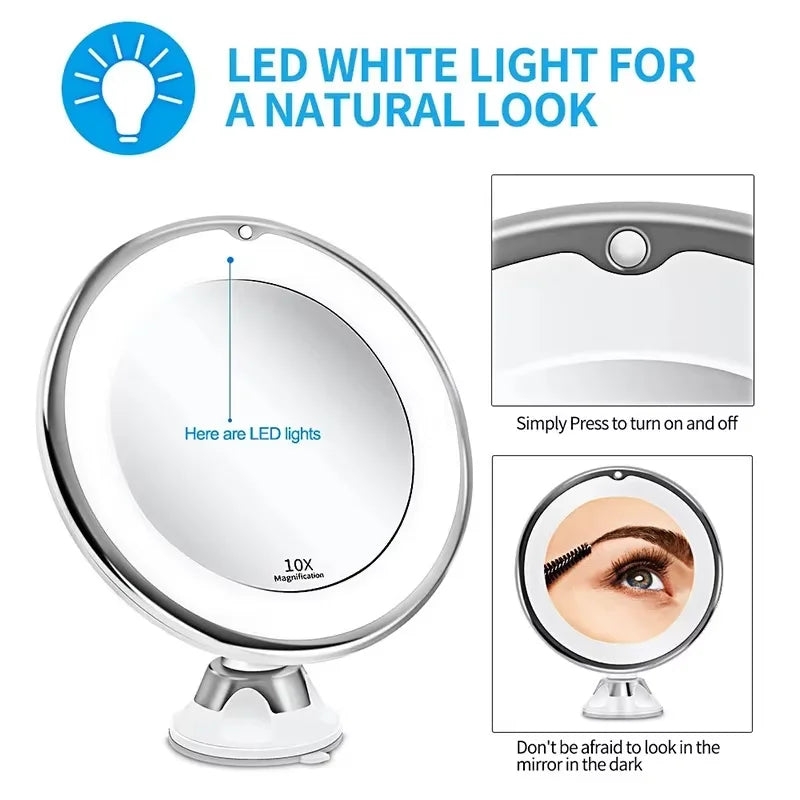 Flexible 10X Magnifying Vanity Mirror with LED Lighted Bathroom Makeup Mirror Lighting Dressing Makeup Lamp Bottom Sucker