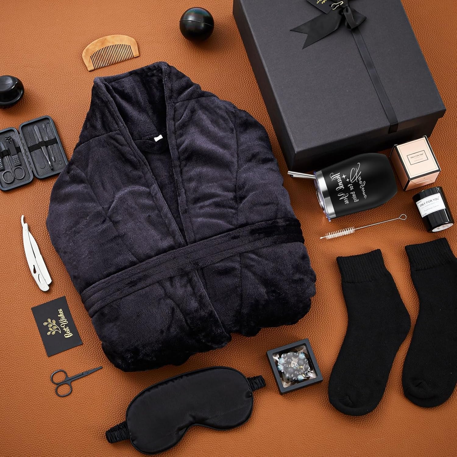 15 Pcs Birthday Gifts for Men Beard Care Set for Him Father'S Day Gifts Basket Ideas Kit for Men Tumbler Bath Robe for Dad Husband Boyfriend Box(Black)