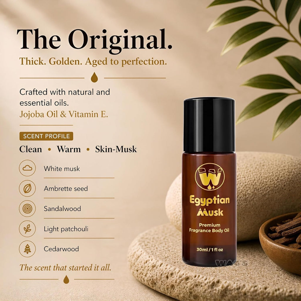 Experience the Alluring Essence of Egyptian Musk Oil - Available in Roll-On and Glass Bottle Sizes from 1Oz to 4Oz