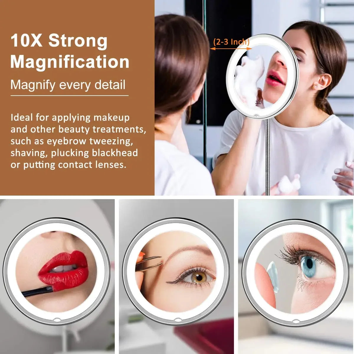 Flexible 10X Magnifying Vanity Mirror with LED Lighted Bathroom Makeup Mirror Lighting Dressing Makeup Lamp Bottom Sucker