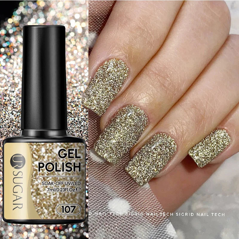 Sparkle and Shine: 7ml Champagne Gold Sequins Gel Nail Polish for Dazzling French Manicures