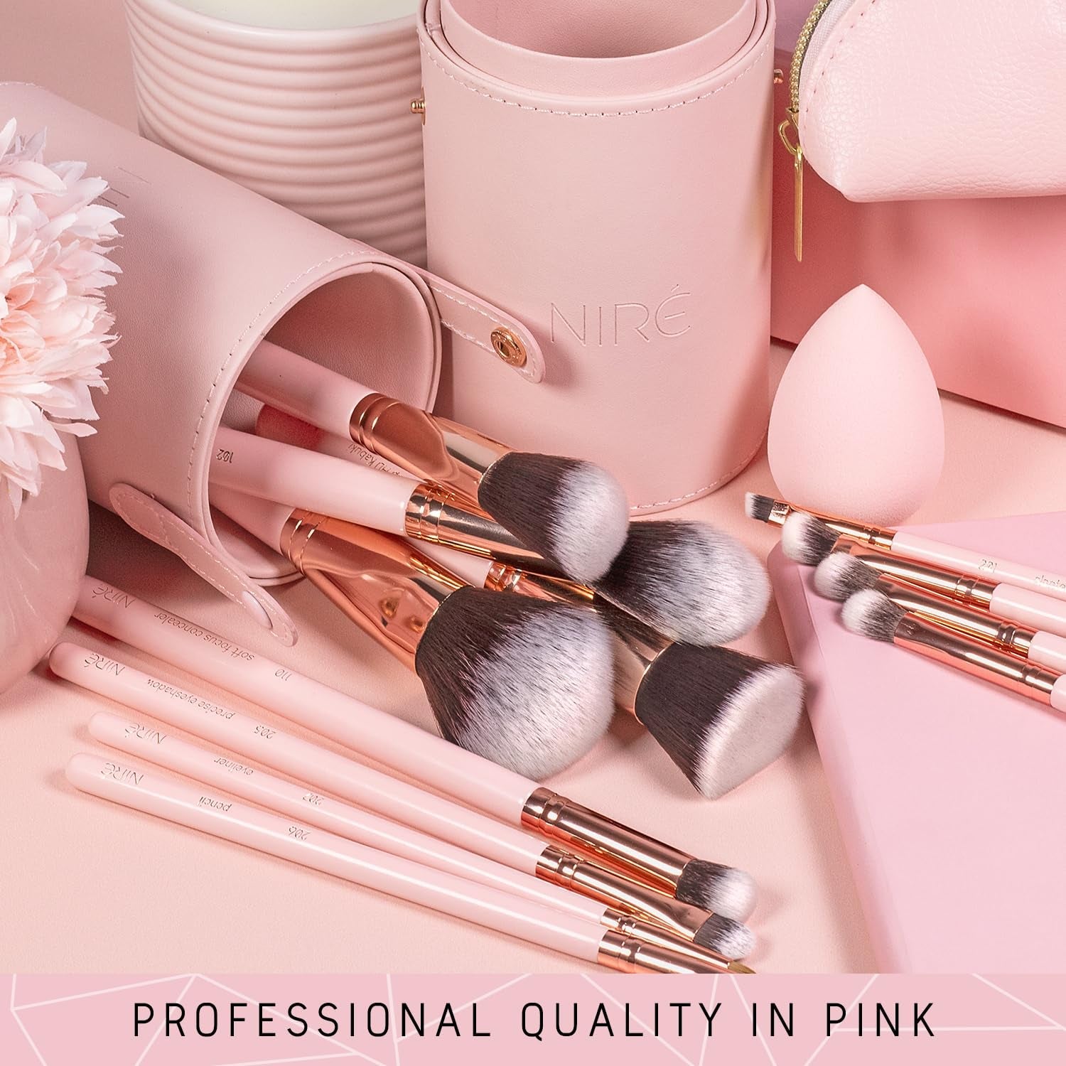15Piece Award Winning Pink Makeup Brush Set with Case, Makeup Sponge, Brush Cleaner, Guide, Gift Box - Cosmetics Store