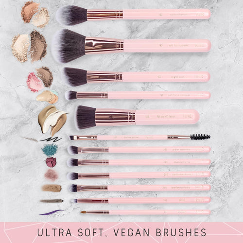 15Piece Award Winning Pink Makeup Brush Set with Case, Makeup Sponge, Brush Cleaner, Guide, Gift Box - Cosmetics Store