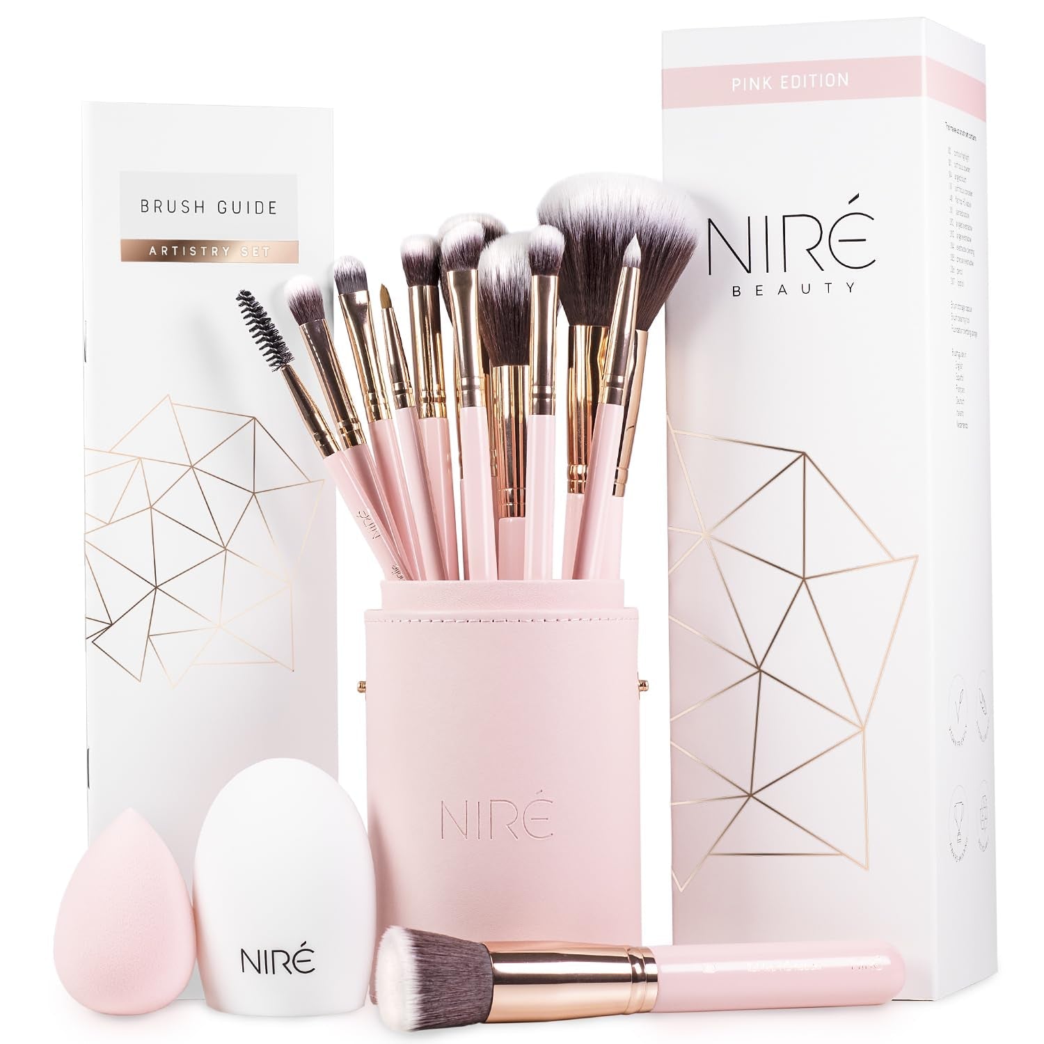 15Piece Award Winning Pink Makeup Brush Set with Case, Makeup Sponge, Brush Cleaner, Guide, Gift Box - Cosmetics Store
