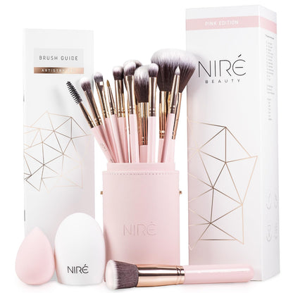 15Piece Award Winning Pink Makeup Brush Set with Case, Makeup Sponge, Brush Cleaner, Guide, Gift Box - Cosmetics Store