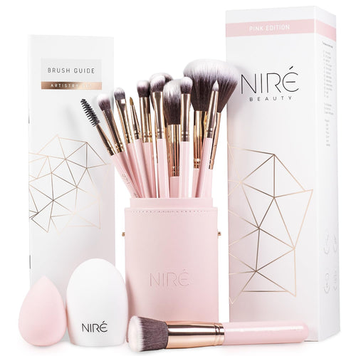 15Piece Award Winning Pink Makeup Brush Set with Case, Makeup Sponge, Brush Cleaner, Guide, Gift Box - Cosmetics Store