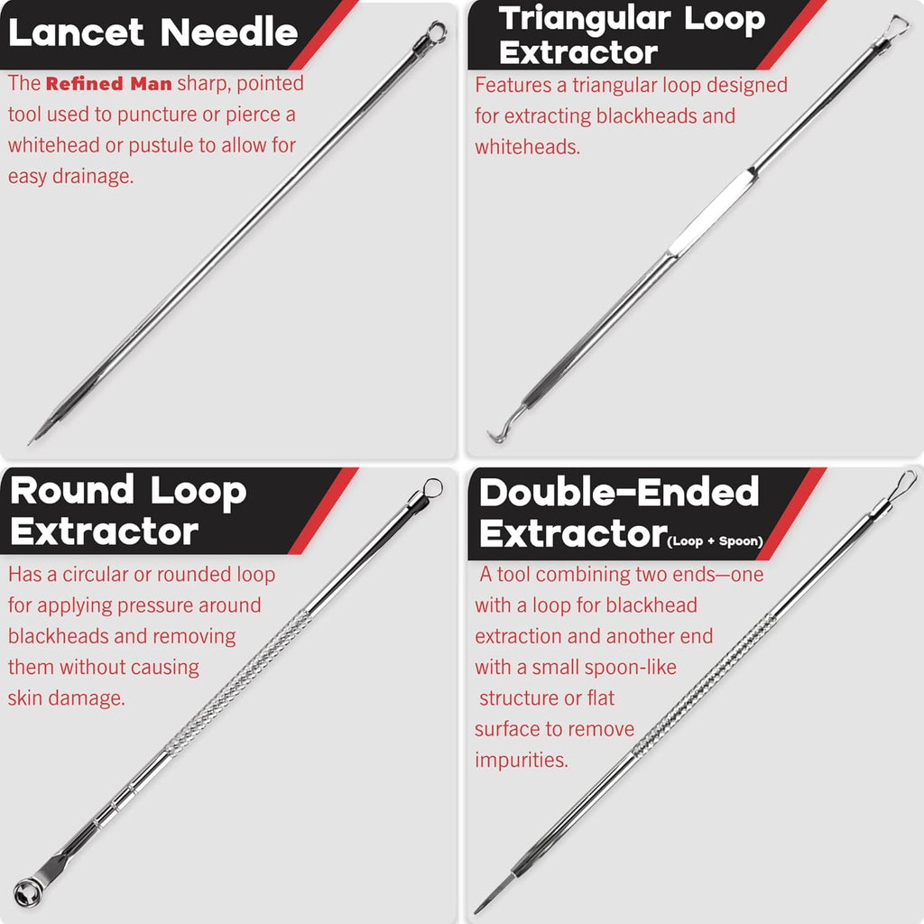 - Refined Man - 4 Piece Blemish Extractor with Case - Pimple Popper Acne Tools Extractor Kit - Stainless Steel Multi-Tip Acne Popper Tool - Designed for Men