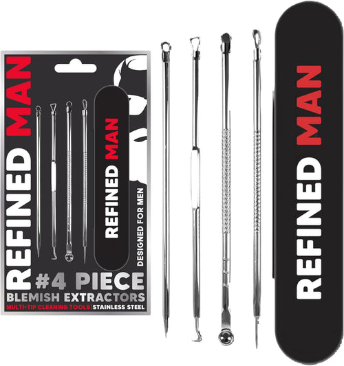 - Refined Man - 4 Piece Blemish Extractor with Case - Pimple Popper Acne Tools Extractor Kit - Stainless Steel Multi-Tip Acne Popper Tool - Designed for Men