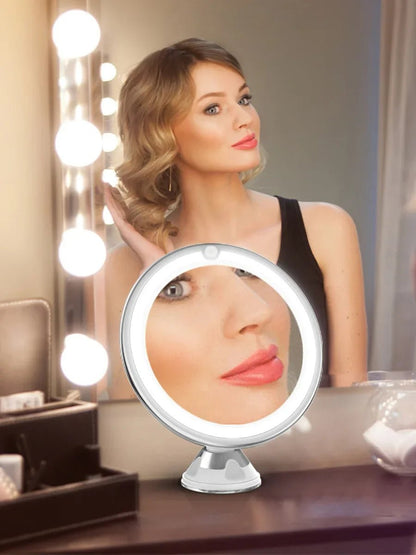 Flexible 10X Magnifying Vanity Mirror with LED Lighted Bathroom Makeup Mirror Lighting Dressing Makeup Lamp Bottom Sucker - Cosmetics Store