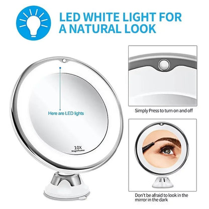 Flexible 10X Magnifying Vanity Mirror with LED Lighted Bathroom Makeup Mirror Lighting Dressing Makeup Lamp Bottom Sucker - Cosmetics Store