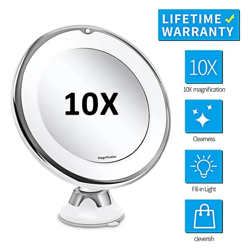Flexible 10X Magnifying Vanity Mirror with LED Lighted Bathroom Makeup Mirror Lighting Dressing Makeup Lamp Bottom Sucker - Cosmetics Store