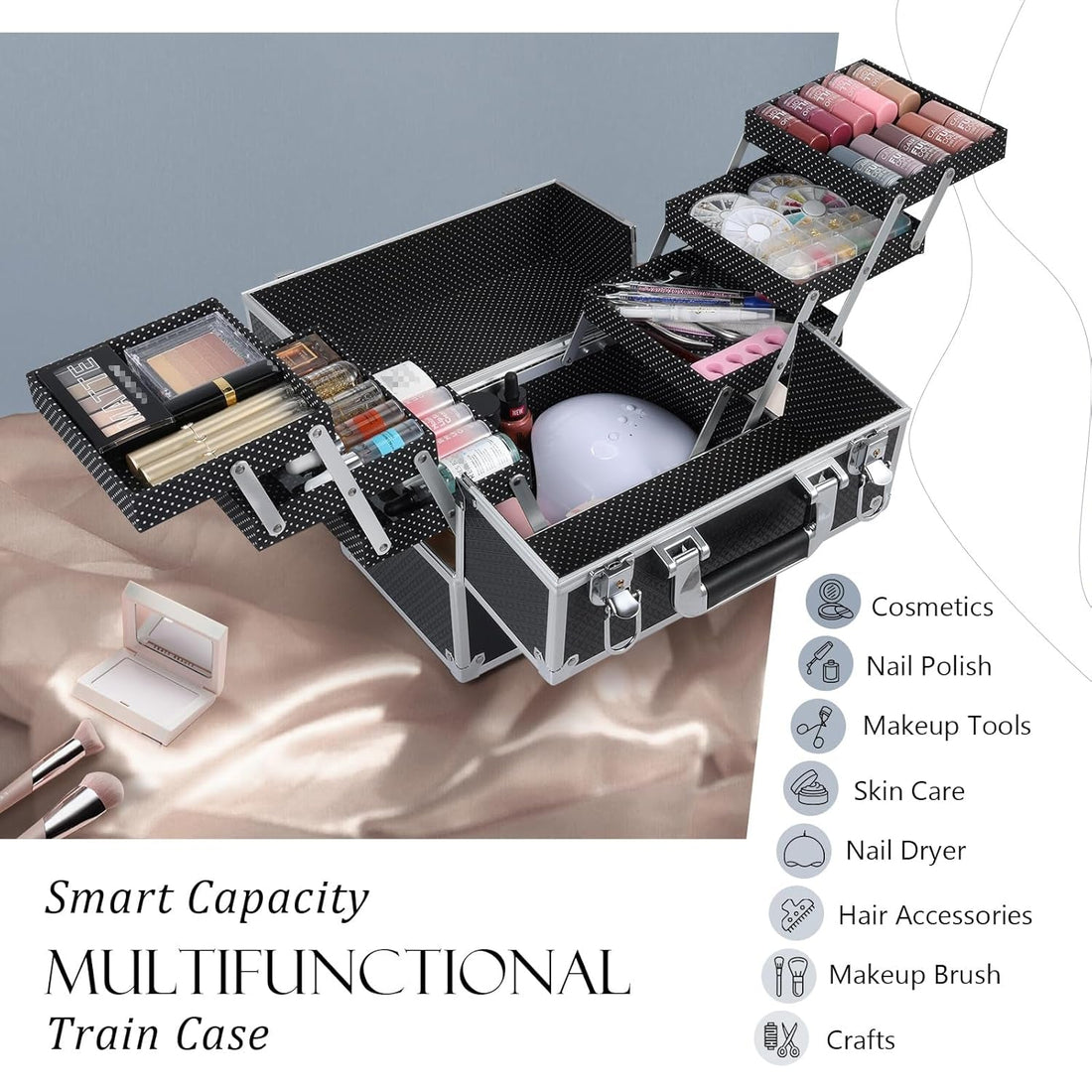 Makeup Train Case 12 Inch - 6 Tier Trays Professional Organizer with Lockable Keys Travel Case - Black - Cosmetics Store