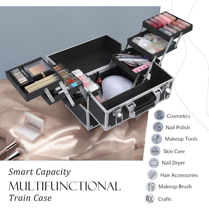 Makeup Train Case 12 Inch - 6 Tier Trays Professional Organizer with Lockable Keys Travel Case - Black - Cosmetics Store