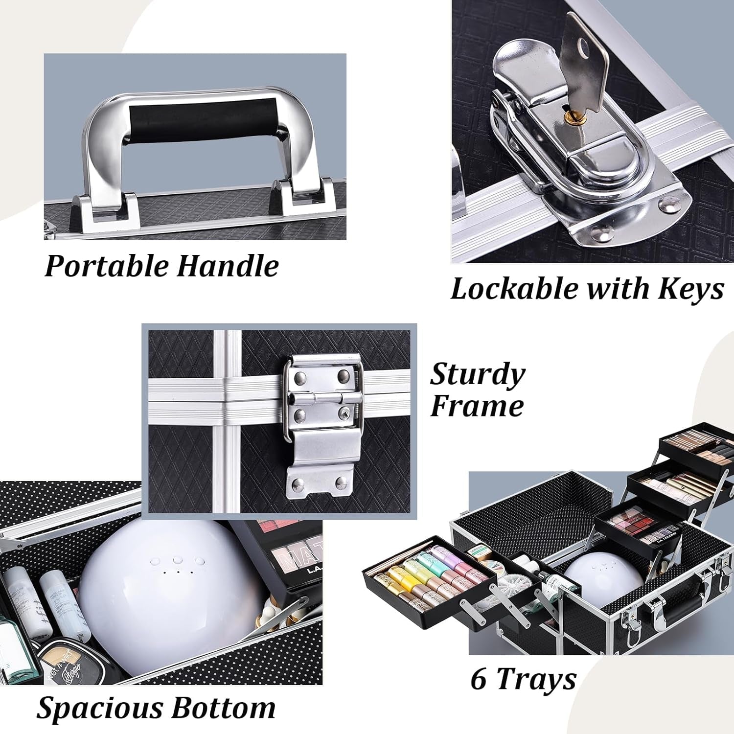 Makeup Train Case 12 Inch - 6 Tier Trays Professional Organizer with Lockable Keys Travel Case - Black - Cosmetics Store