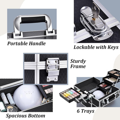 Makeup Train Case 12 Inch - 6 Tier Trays Professional Organizer with Lockable Keys Travel Case - Black - Cosmetics Store