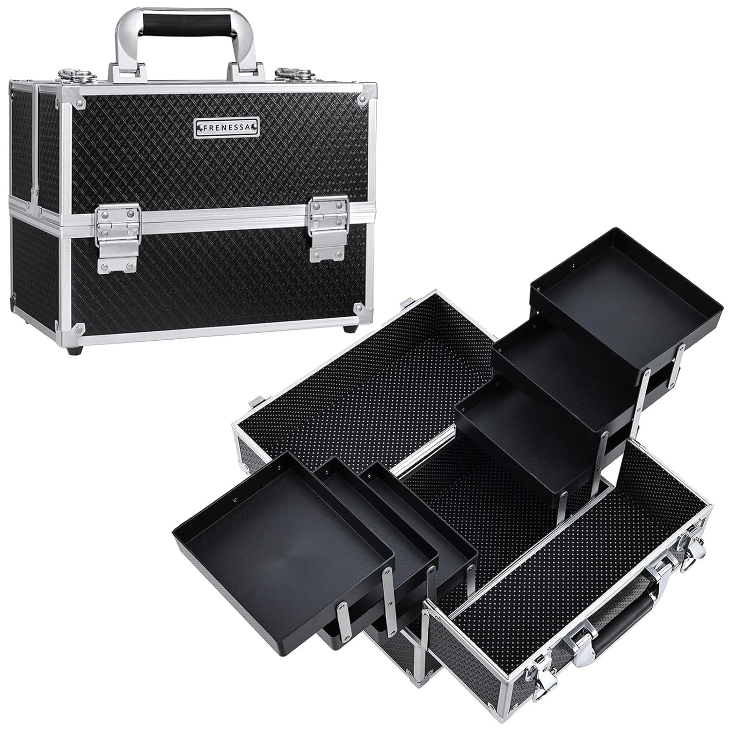 Makeup Train Case 12 Inch - 6 Tier Trays Professional Organizer with Lockable Keys Travel Case - Black - Cosmetics Store