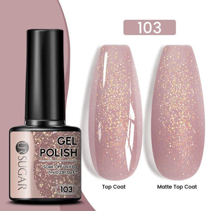 Sparkle and Shine: 7ml Champagne Gold Sequins Gel Nail Polish for Dazzling French Manicures - Cosmetics Store