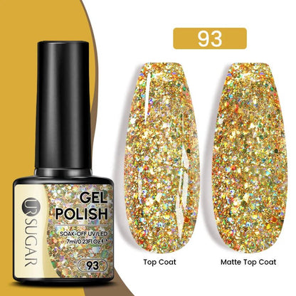 Sparkle and Shine: 7ml Champagne Gold Sequins Gel Nail Polish for Dazzling French Manicures - Cosmetics Store